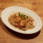 Roasted seafood, farro and mushroom cream risotto