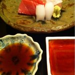 銀座 とよだ - ヤリイカ・平目・本鮪のお造り
      
      