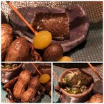 大どころ - ＊あらの鱗せんべい・・カリカリ食感で塩の塩梅もよくツマミに最適 ＊むかごと銀杏の揚げ物・・これもツマミにいいですね。 ＊生落花生（朝倉産）塩ゆで・・これもツマミに。 ＊赤モク（モズクのような品）、タイラギ貝（岡山産）のヒモ、の酢物・・タイラギ貝のひもが美味しいこと。