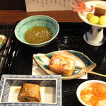 銀座 水野 - 八寸（粟麩の田楽、塩煎り銀杏、松風、いくら、生もずく）