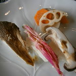 Le さんざ・ぷりゅ - 野菜のお寿司３種　原木椎茸、紅しん大根、平茸　お米はごろベエ米