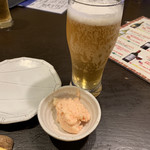 創作居酒屋 夢心 - 生ビールと付き出しのタラコのポテサラ♡