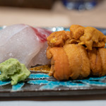 うを徳 - 2018.12 刺し盛り（明石の鯛、利尻バフンウニ）