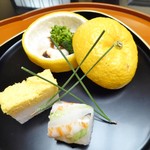 名古屋 浅田 - 前菜（ゆず釜、ふぐ白子ゆず味噌焼き、錦玉子、手綱寿司）