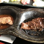 焼肉レストランよつば亭 - 左カルビと味噌ベースタレ、右ハラミと醤油ベースタレ（２０１８．１２．３１）