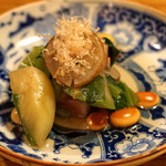 高太郎 - お通し　　有機野菜と大豆のおひたし