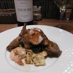 鉄板焼き Oribe - 鶉・海老のソテー、白ボトル