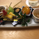 白金温泉郷 森の旅亭 びえい - 御前菜♬︎子持ち昆布土佐漬け･助子の昆布巻き･
      金柑甘煮･サーモンの奉書巻き...♪*ﾟ