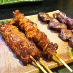 磯料理いっちゃん - オススメ串焼。砂肝、ハツ、皮、つくね