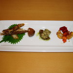 中国彩膳 にじょう - 飲茶セットの前菜　　ナンコツのピリ辛、明石タコのバジル、台湾煮玉子、シシャモの南蛮漬け風