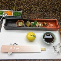 春帆楼 下関本店 - 先付、前菜（とんび明太和え、ふく煮凍り、合鴨ロース燻製、越前ふくさ、柿鳴門 、秋刀魚八幡巻き、梅蓮根）