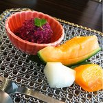 お料理　京柳 - 葡萄のシャーベット、梨、柿、
      メロン♬