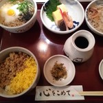 Hanagen - 華元セット・ミニおろし蕎麦とミニ山かけ蕎麦と、そぼろご飯に小鉢、デザート付きです。デパートのレストランにしてはCP良好!?