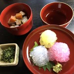 Nouka Resutoran Ookado - いとこ煮,いり酒,三色くずきり,よごし