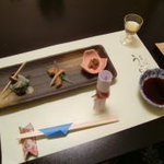 Shima Yado Umidori - 食前酒の梅酒と、たこの柔らか煮・波美貝佃煮 めひかり南蛮漬け・さざえの前菜