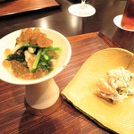 京料理 藤本 - 先付け①イクラ・椎茸・壬生菜煮浸し　②牡蠣・南瓜・南瓜・子持ち昆布白和え