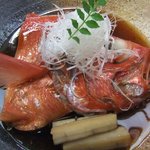 寿司割烹 魚紋 - 金目の煮漬け・・・・・超辛口をぬる燗に変えて