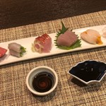 柏木 - 鮪、トラフグ、金目鯛、熟成カンパチ、ヤリイカと生うにのお造り