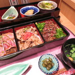 ビフテキ重・肉飯 ロマン亭 - 三連重(炙りハラミ) \1480