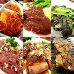 焼肉 明月館 - “ミックスキムチ、レバ刺し、センマイ刺し、並牛タン2人前、特上骨付カルビ焼250g（3000円）”