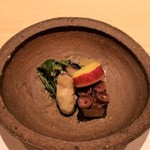 Yoshikawa - お通し。牡蠣のオイル煮、セリのおひたし、サツマイモのオレンジ煮、子持ち昆布、蛸。