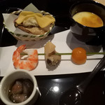 梶川 - このわたの茶碗蒸し、ナマコ、牡蠣、蕗の薹の天麩羅、鮑、海老、金柑、ゴボウ