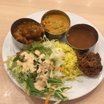 ヤジニ - 181204 1皿目 右からパラクホンダ、ラッサム、ミックス野菜カレー、チキンチャトリヤ