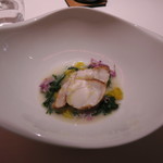 レフェルヴェソンス - ぼんやりとした街の灯り～アンコウのポシェリソレ、しじみ、乳清と酒粕のソース、 　春菊と菊芋と菊の花