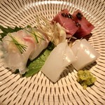 酒井商会 - お造り：あおりいか 柚子胡椒、真鯛 塩麹、 目地まぐろ ニラ醤油